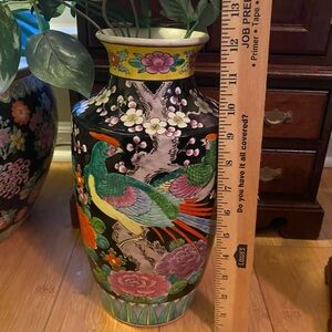 Antique Japanese Vase 12.5” Black Colorful Bird Vintage Ceramic Grandmillennial